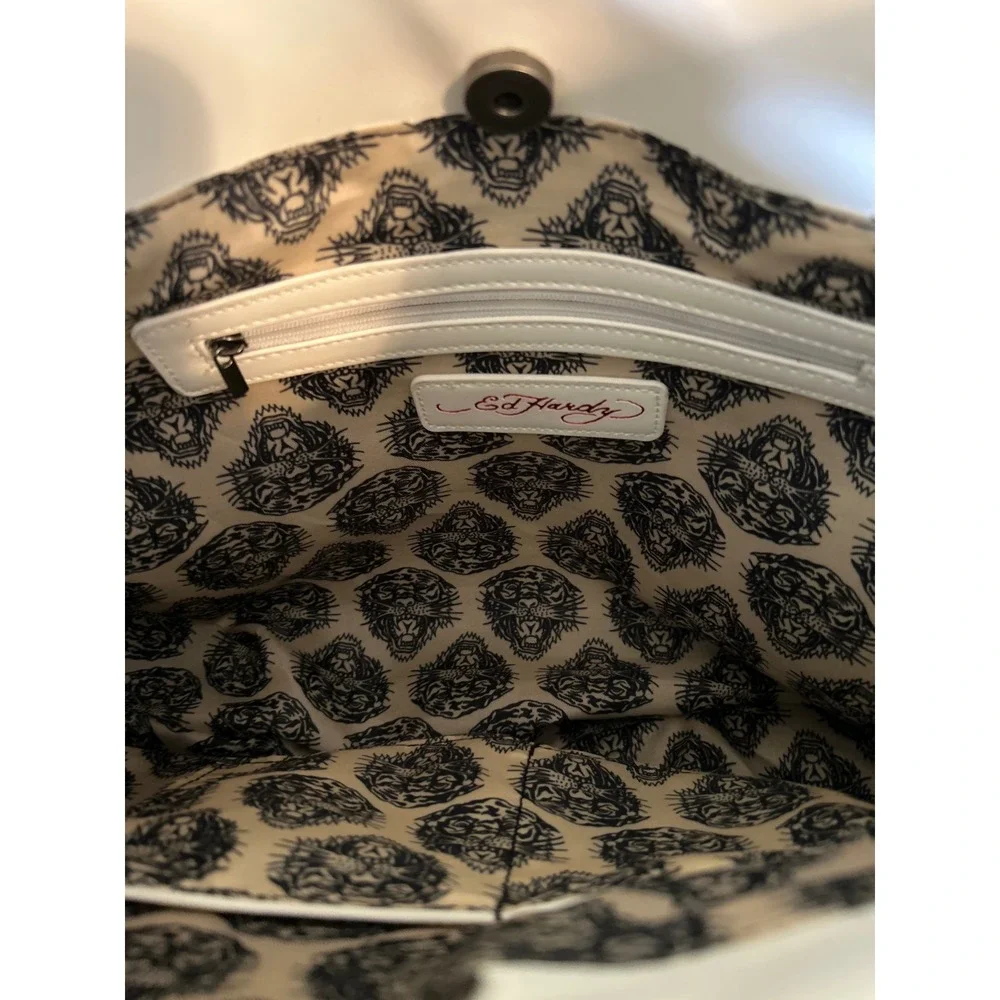 Ed Hardy Tattoo Print Shoulder Bag White Skull Rose Heart Y2K Satchel Tote